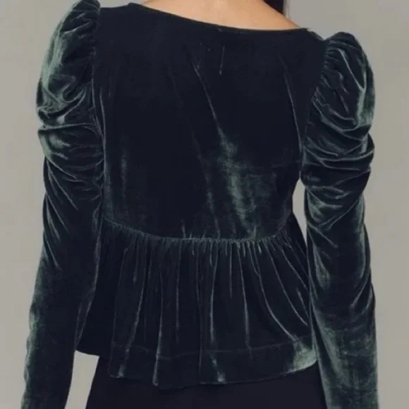 Anthropologie Long Sleeve XS Elegant Velvet Green Top - Picture 3 of 3
